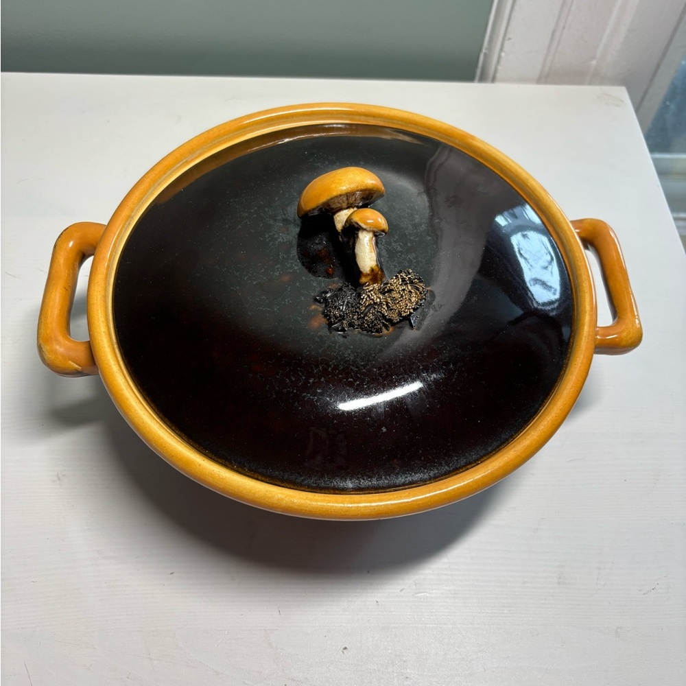 Vintage 1930’s Belgium Mushroom lidded Casserole Dish Ceramic Tellurite #1148-4